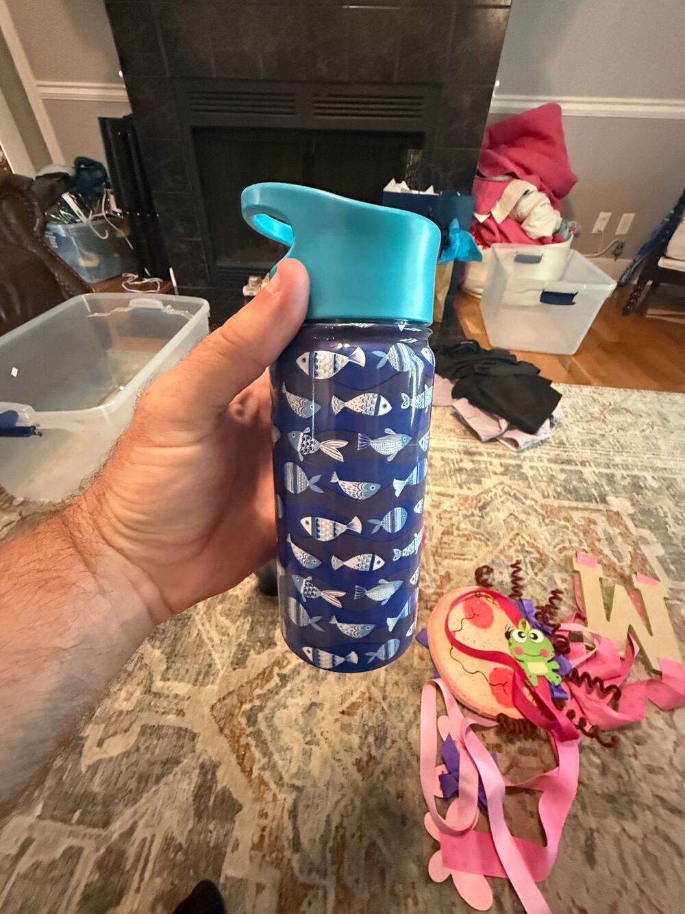 Kids Insulated Stainless Steel Water Bottle Blue Fish Pattern Flip Straw Lid
